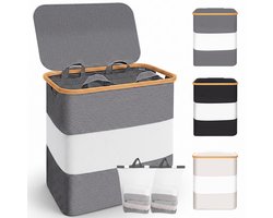 Soontrans - Wasmand 2 Vakken - Wassorteerder met Deksel - 54x34x55cm - Uitneembare Waszakken - Bamboe-lijst - Afneembaar - 102L - Grijs