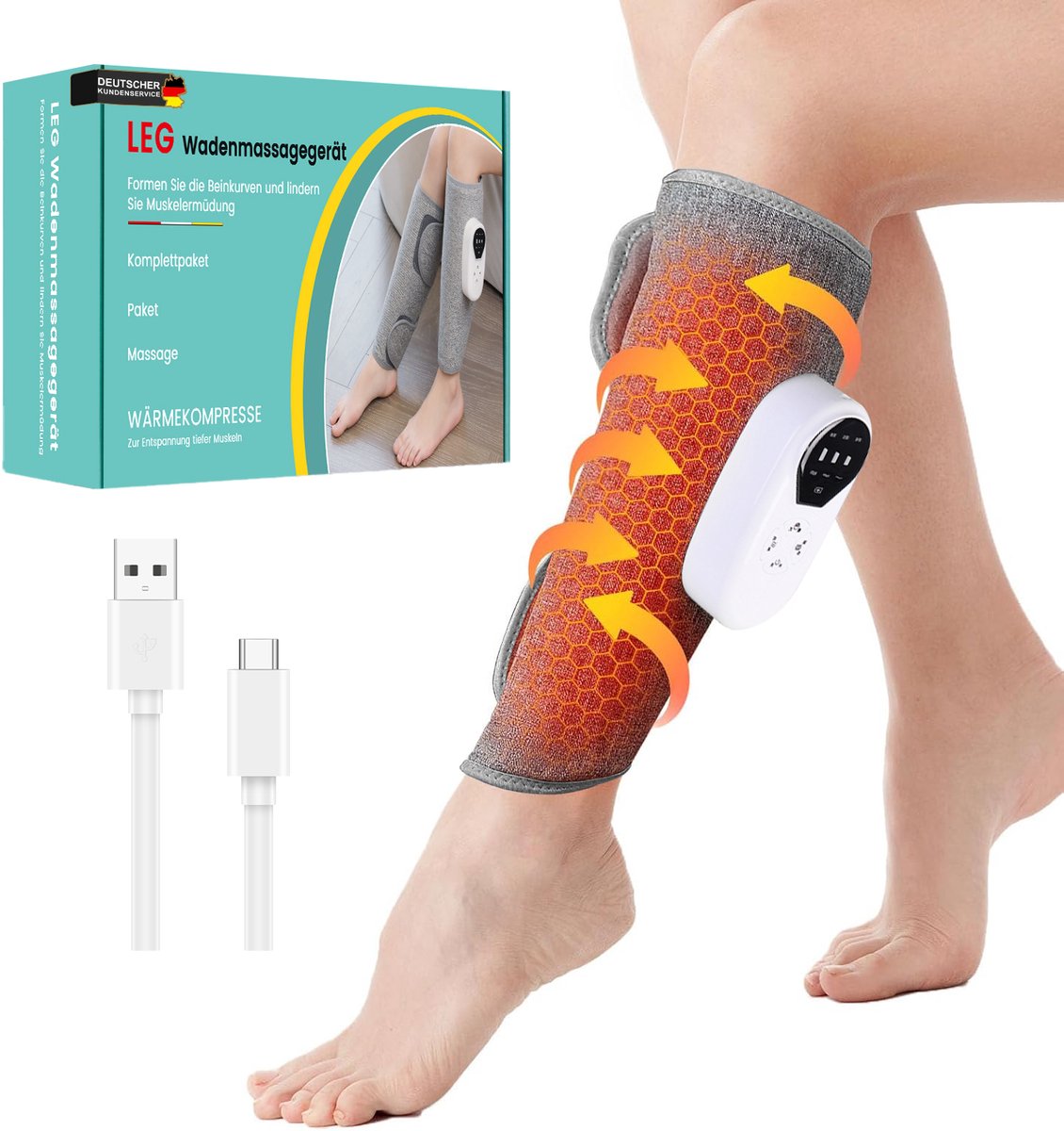 FOSMET Beenmassageapparaat met Luchtcompressie & Verwarming - Kuitmassage - Voetmassage - 3 Modi & 3 Intensiteiten & 3 Warmtestanden - Oplaadbaar - Verstelbare Maat - Voor Ontspanning & Comfort