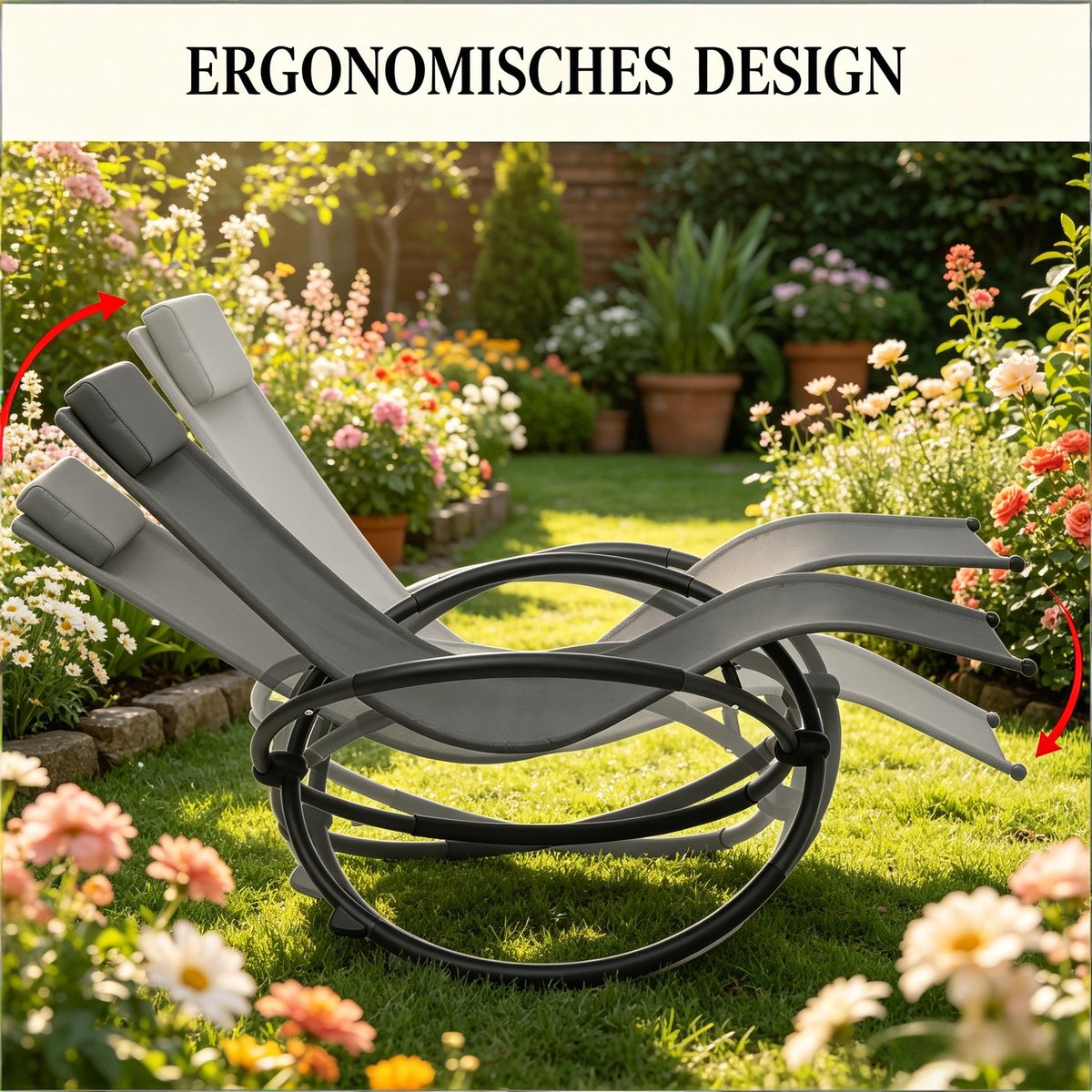 Chaise Longues voor buiten ontspannen ademende schommelstoel voor balkon camping zonnebad met armleuningen en hoofdsteuning - grijs
