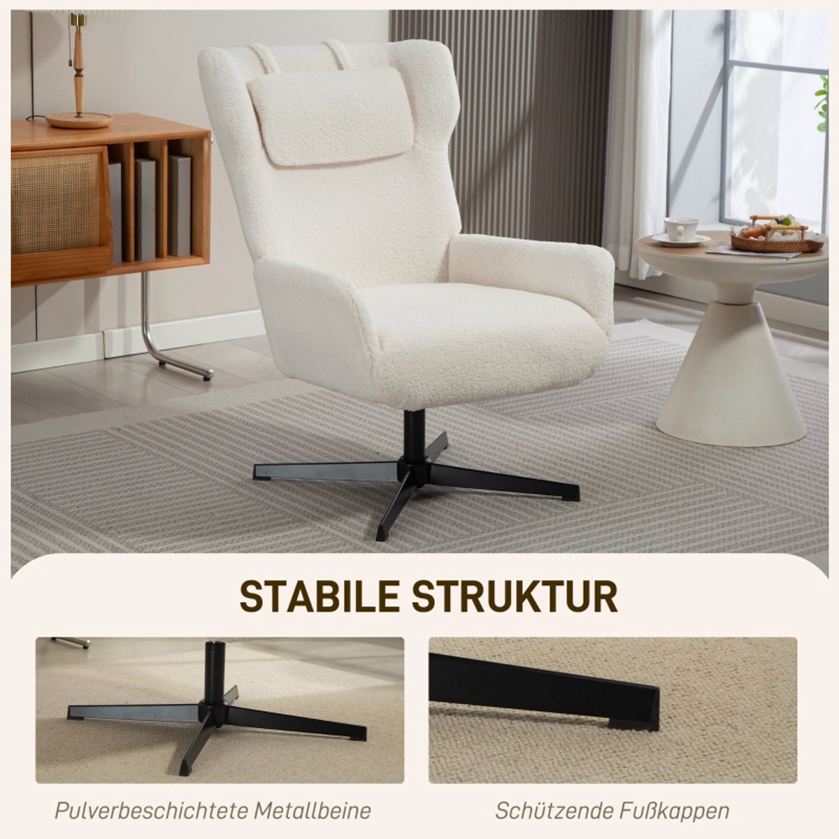 Clruro Fauteuil - 74x86,5x102 cm - 360° Draaibaar - Ergonomisch - Fleece/Metaal - Crèmewit