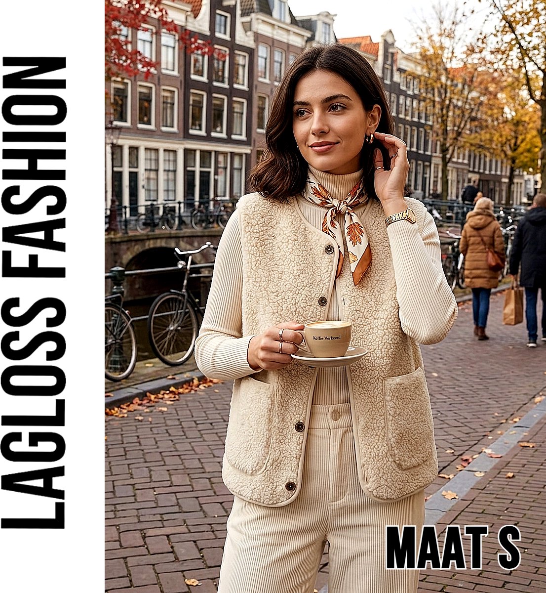 LaGloss® Dames Pluche Vest Gilet Khaki-Beige – Warm Mouwloos Teddy Vest met 2 Zakken – Maat S