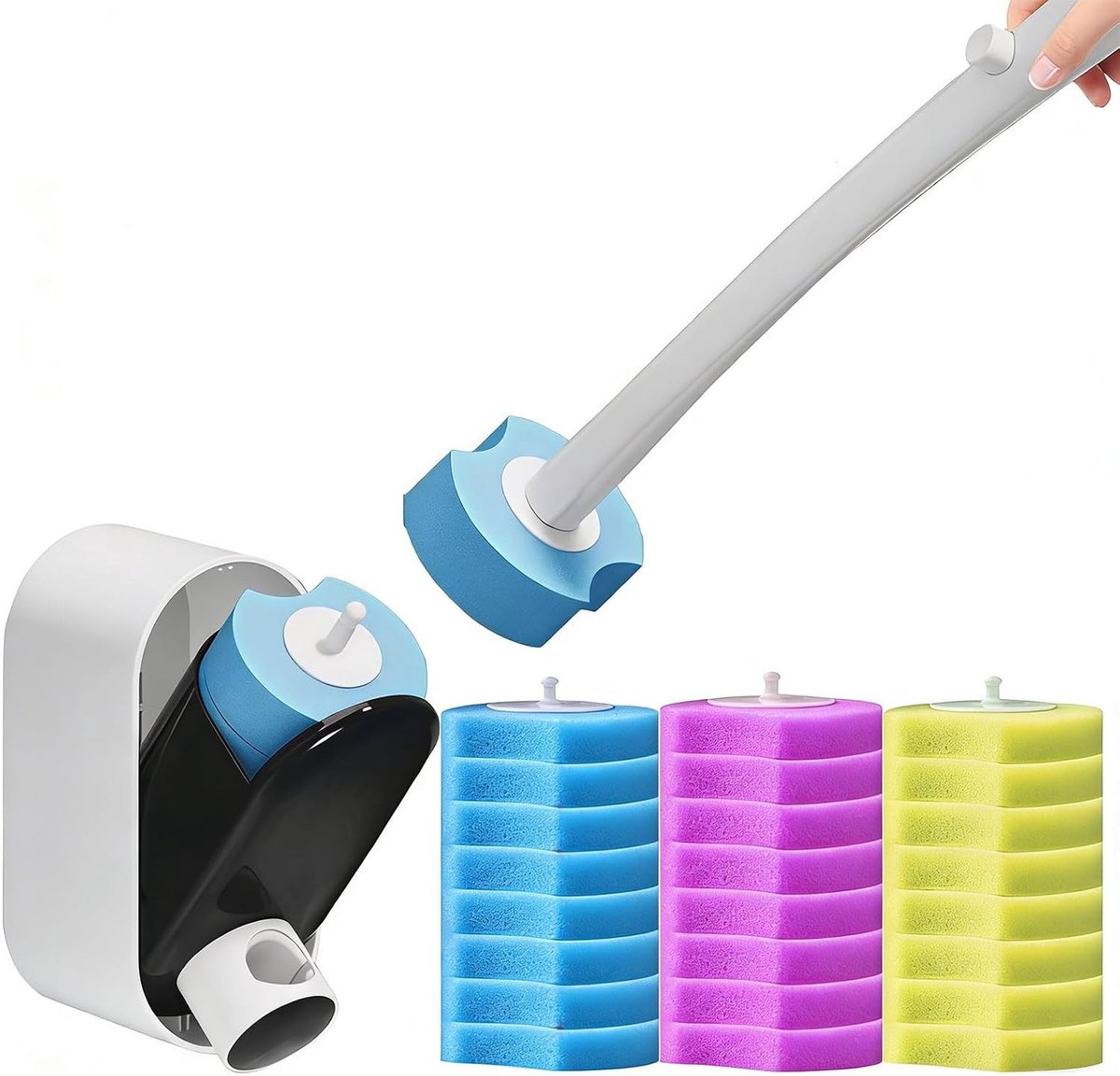 Vervanging voor wegwerp-toiletborstel - Wit - 45,5 cm - Met lange handgreep en wandhouder - Voor hygiënische toiletreiniging