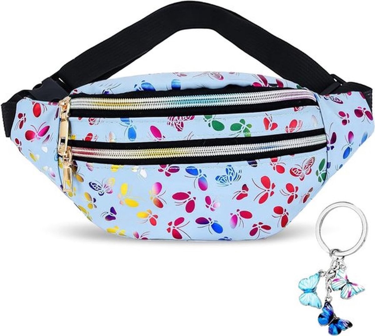 SnelShoppen - Fanny Pack Kinderen Meisjes Heuptas Glitter Met Vlinderprint Waterdicht Zwart 31x18.5x13cm Inclusief Vlinder Sleutelhanger