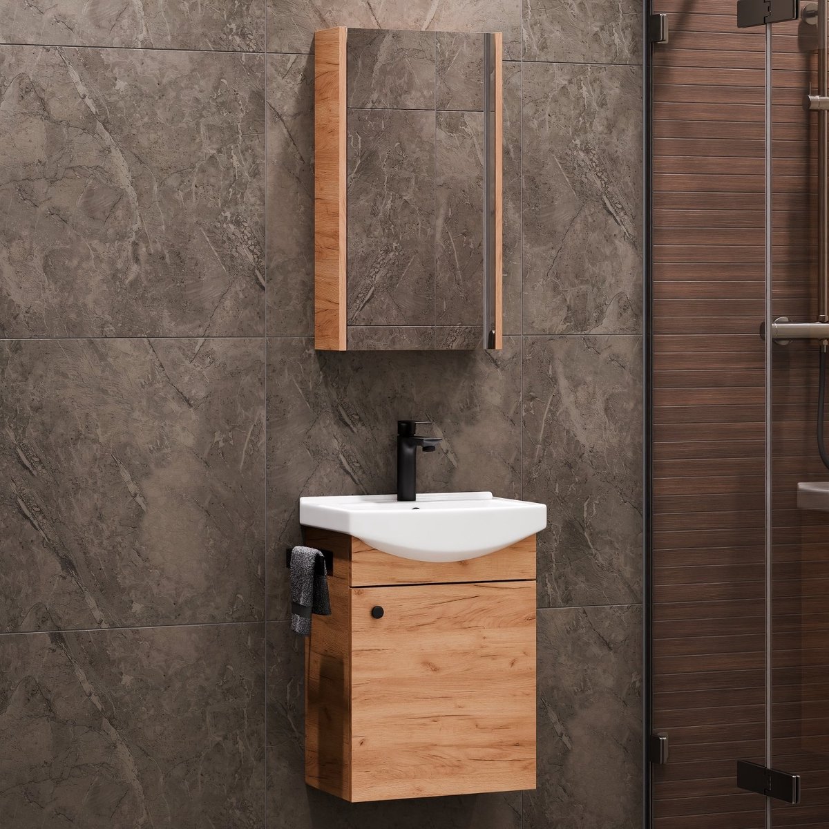 Planetmöbel Badkamermeubel Set 45 cm – Goud Eiken – Keramische Wastafel met Spiegelkast – Wandhangend – Soft-Close