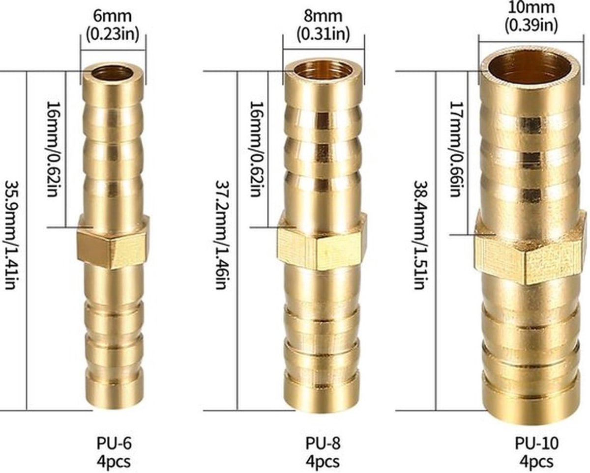 Slangkoppelingen 12 Stuks - Messing Weerhaak - 6 mm/8 mm/10 mm - Aansluitingen voor Slangen - Goudkleurig - Voor Lucht/Water/Brandstof - Slangfitting