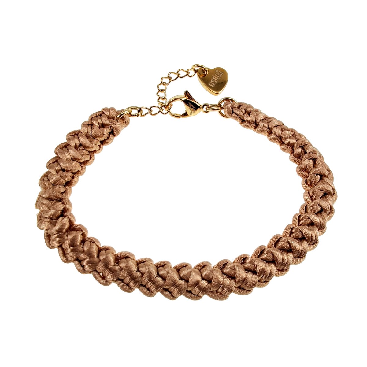 Gehaakte Damesarmband van Kakikleur Satijnachtig Nylonkoord, RVS Verguld, Handgemaakt door esde2 - Verstelbaar 15 tot 18 cm