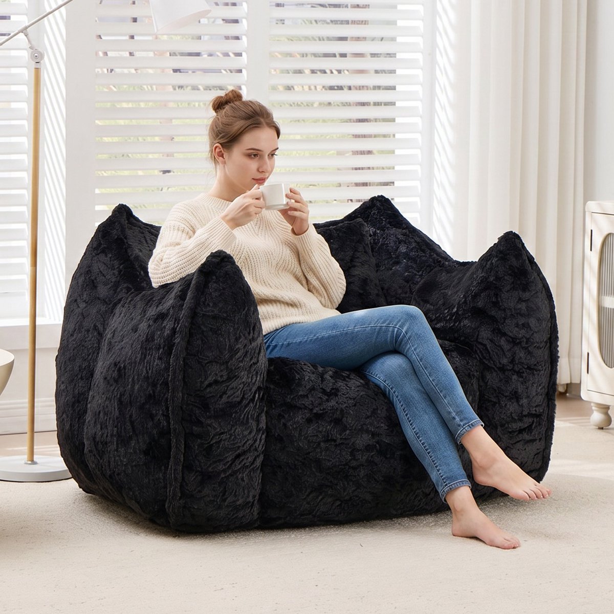 MIVRAY Zitzak Stoel 123 x 97 x 73 cm - Met Rugleuning En Armleuningen - Voor Woonkamer, Slaapkamer En Studentenwoning - Imitatiebont - Zwart