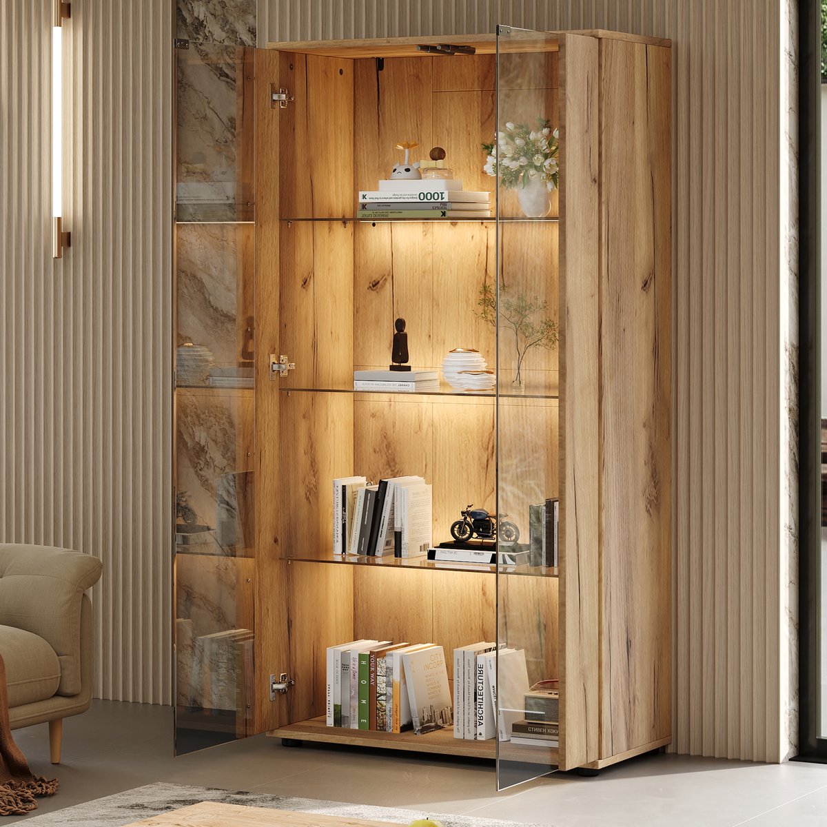 STILVORA Vitrinekast - 2 Glazen Deuren Met 4 Planken En Ledverlichting - Modern Voor Woonkamer, Eetkamer En Kantoor - Natural - 80x36x150,5 Cm