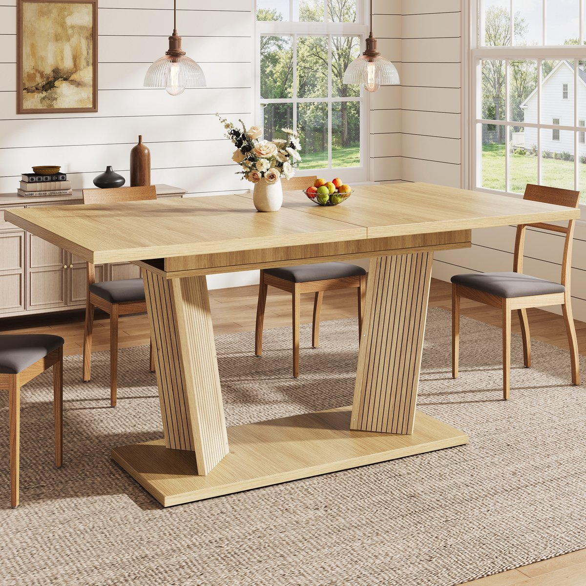 Uitschuifbare Eettafel - Modern Rechthoekig Design Met Verstelbare Voetjes - Voor Woonkamer En Keuken - MDF - Natuurlijk Lichtbruin - 120 160 x 80 x 76 Cm