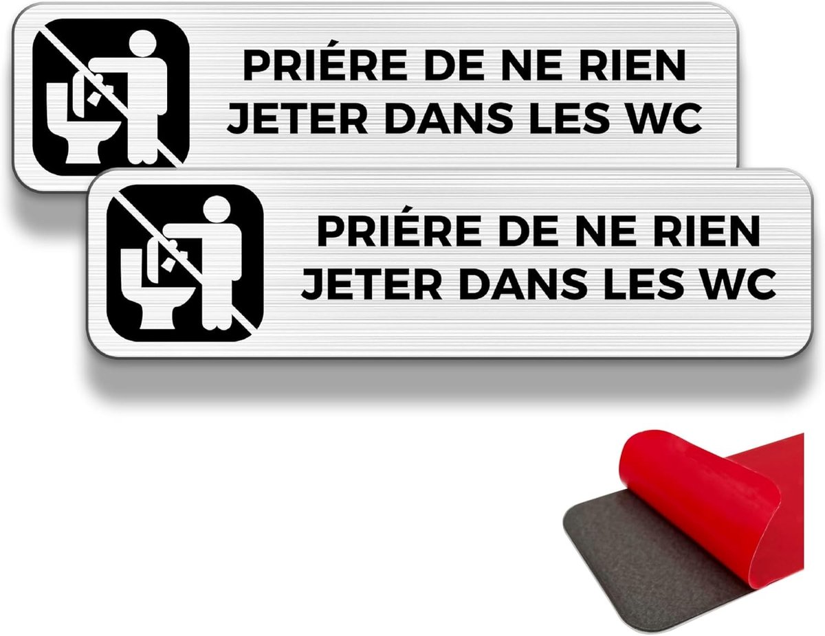 Waarschuwingssignaal voor het toilet, 2 labels, 19×5 cm, binnen/buiten, aluminium met plakstrip, voorkomt verstoppingen en ongewenst afval