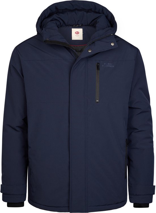 Donkerblauwe winterjas met capuchon, ritsen en logo op de borst.