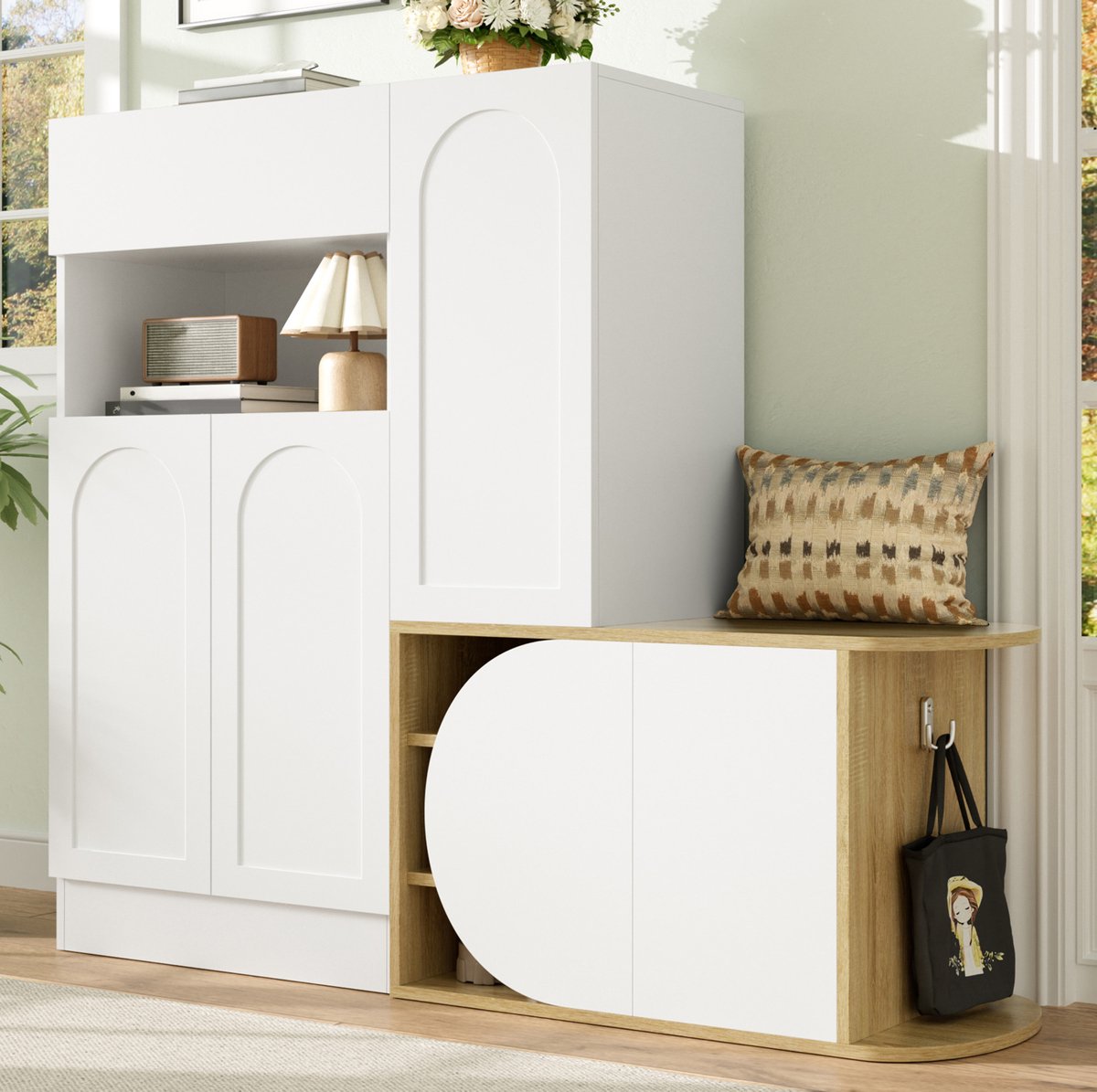 HAUSS SPOLE Schoenenkast - Met Zitbank En 1 Lade - 5 Deuren En Open Vak Voor Hal En Entree - MDF - 130x35x110,5 Cm - Wit Natuurlijk