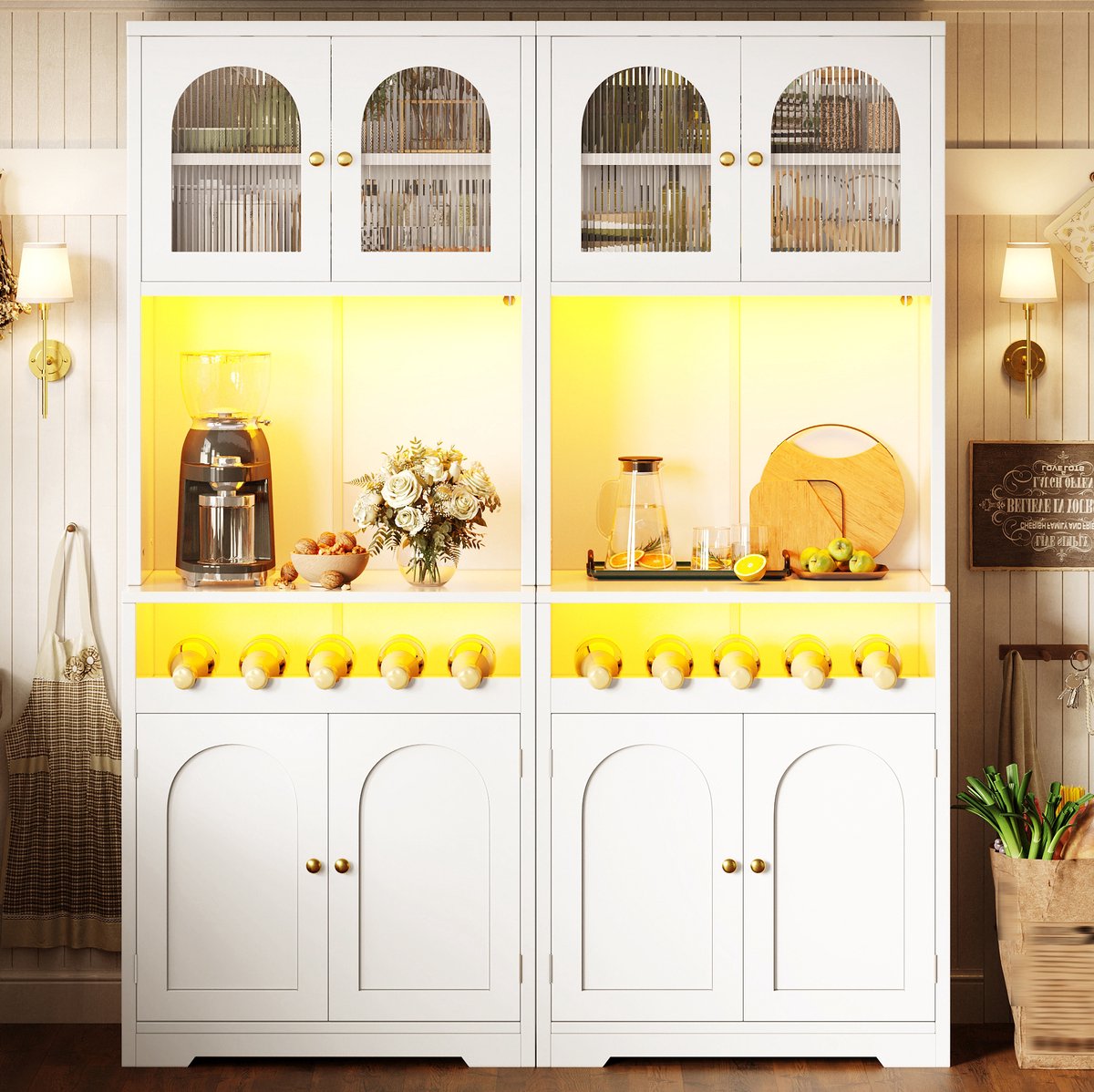 HAUSS SPOLE Keukenkast - Set Van 2 Hoge Buffetkasten Met RGB Led En Glazen Deuren - Voor Keuken En Eetkamer - MDF Metaal - 140x38,3x180 Cm - Wit