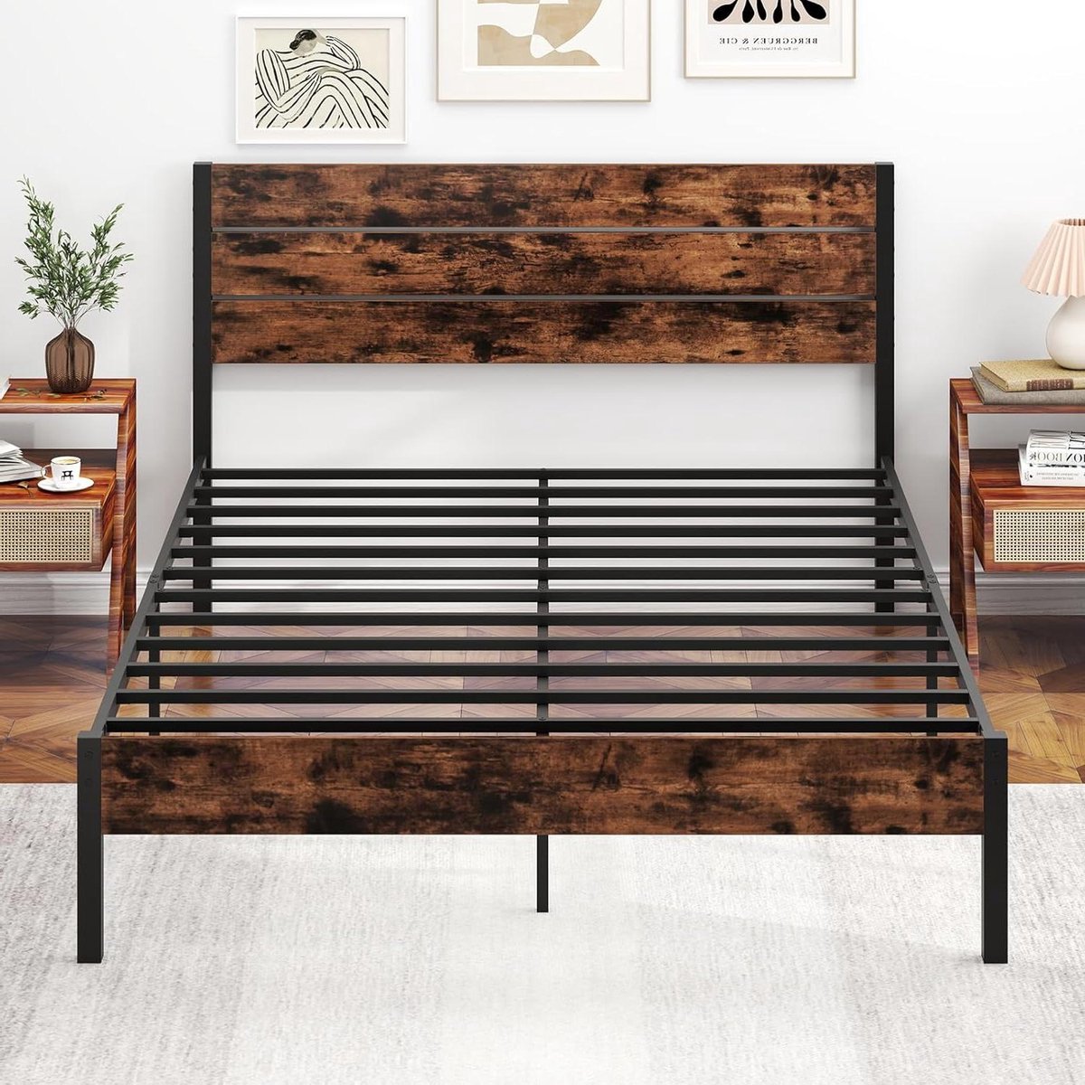 Metalen bedframe - Industrieel tweepersoonsbed - Slaapkamer inrichting - Veel opbergruimte - 200 x 140 cm - Vintage bruin