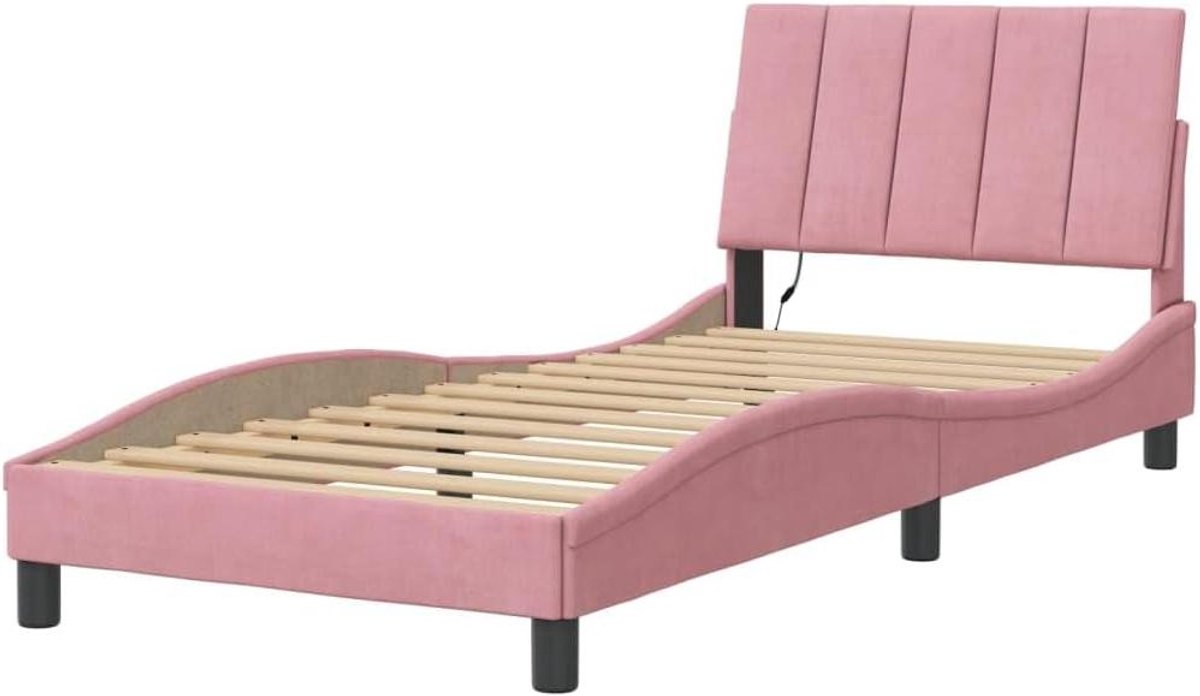 Bedframe met LED - Eenpersoons bed - Goede nachtrust - Zacht fluweel - 80x200 cm - Roze