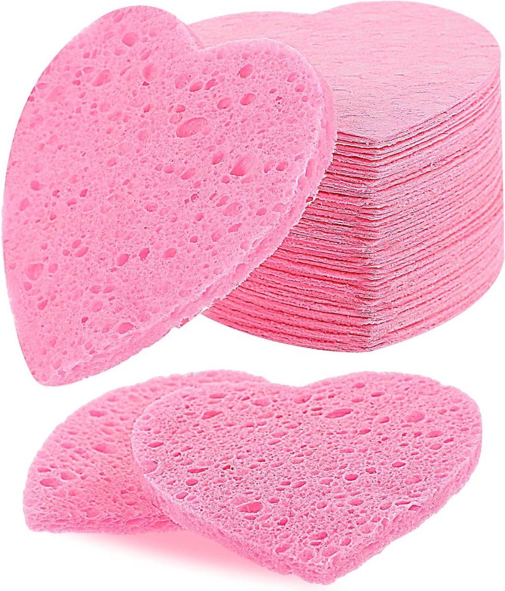 60 Stuks Roze Hart Sponsjes voor Reiniging en Exfoliatie, Natuurlijke Herbruikbare Gezichtspons voor Diepe Reiniging en Huidverzorging