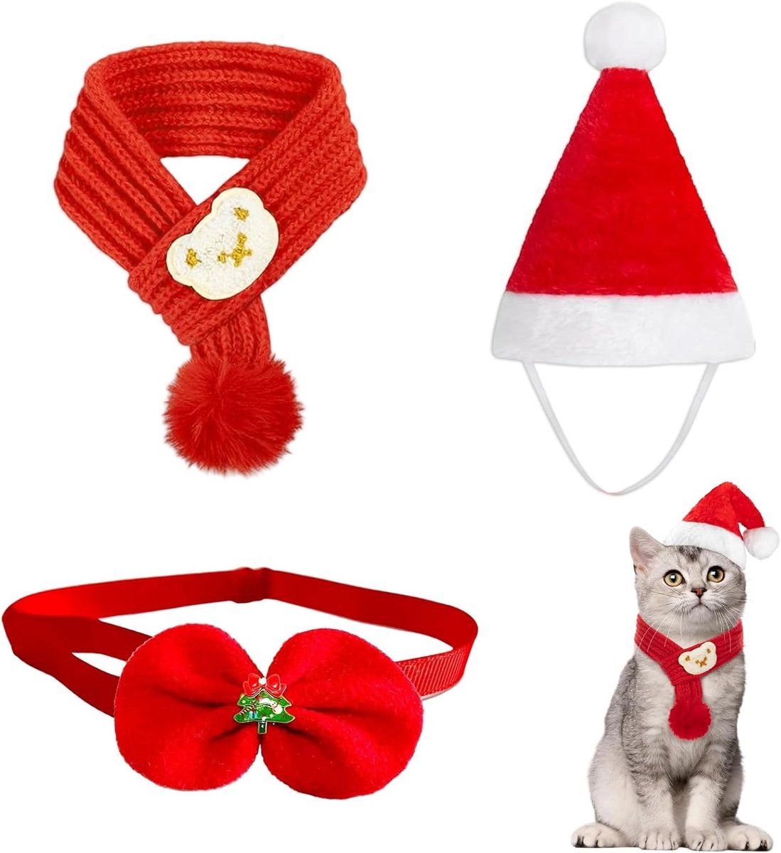 Kerstkostuum voor Honden en Katten - Inclusief Kerstscarf, Santa Hoed en Strik - Zacht en Comfortabel voor Feestjes en Foto's - Perfect voor de Feestdagen