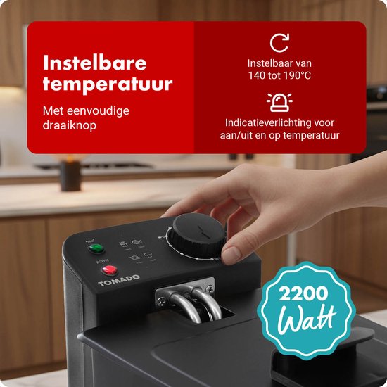 Close-up van de zwarte Tomado friteuse met draaiknop voor instelbare temperatuur van 140 tot 190°C. 2200 Watt.