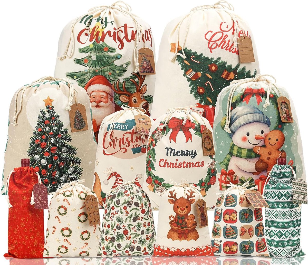 Kerst Canvas Trekkoord Geschenkzakjes, 12 Stuks Herbruikbare Zakken in Diverse Maten met Gift Tags voor Feestelijke Decoraties en Cadeauverpakking