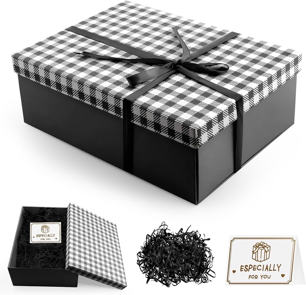 Lege Cadeaubox met Deksel, 25 x 18 x 8.5 cm, Vouwbare Box voor Verjaardag, Bruiloft en Feestdagen met Groetkaarten en Raffia Lint