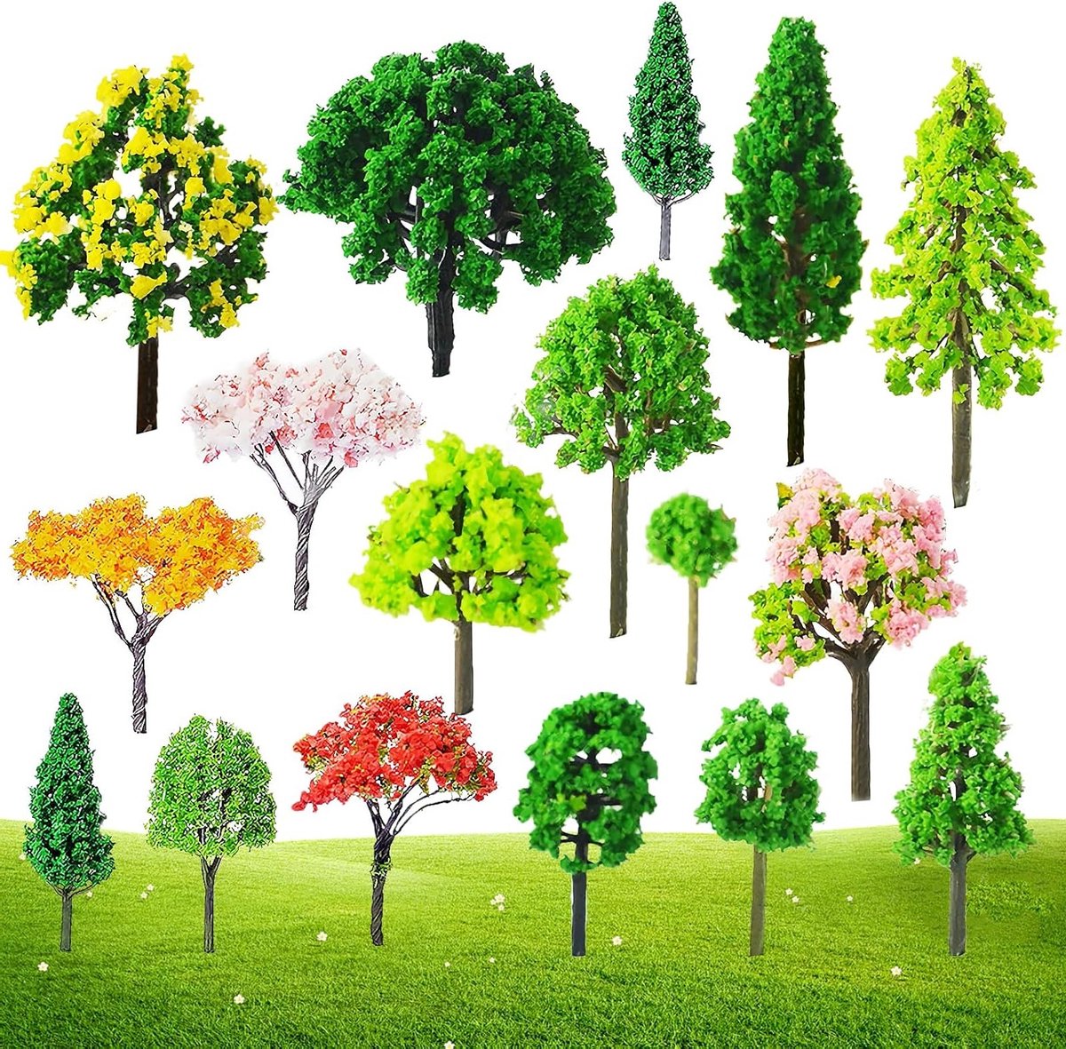 Miniatuur Bomen Set van 65 Stuks, Gemengde Modelbouw Bomen voor Modelspoor, Diorama en Landschapsprojecten, Plastic Mini Bomen voor Creatieve Klussen