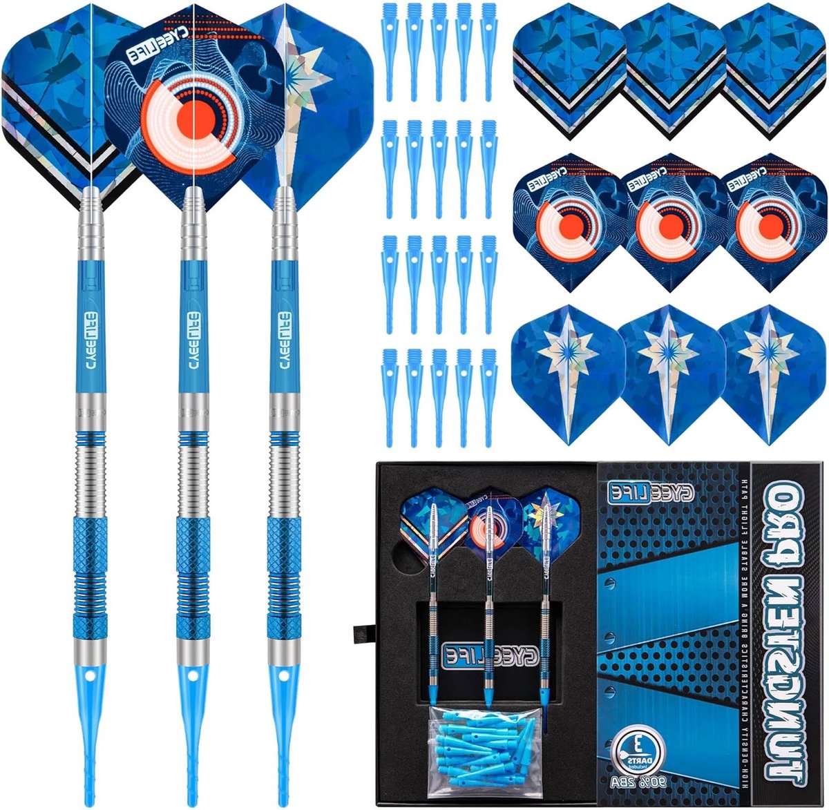 Professionele Soft Darts Set met 90% Tungsten, 3 Stuks met Vliegers, Schachten en Tips - Blauw
