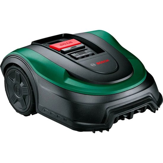 Groene en zwarte Bosch robotmaaier met grote zwarte wielen en een rode stopknop.
