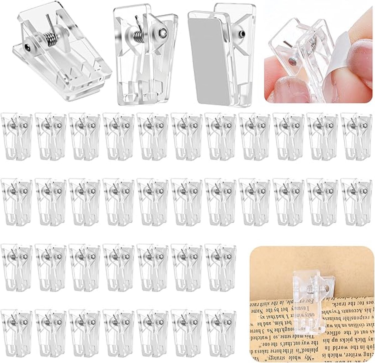 zelfklevende wandklemmen - wandclips - Zelfklevende clips - fotoclips - Fotodecoratie - voor fotoclips, posterclips, plakboekclips, tafelrandstickerclips - 40 stuks - transparant