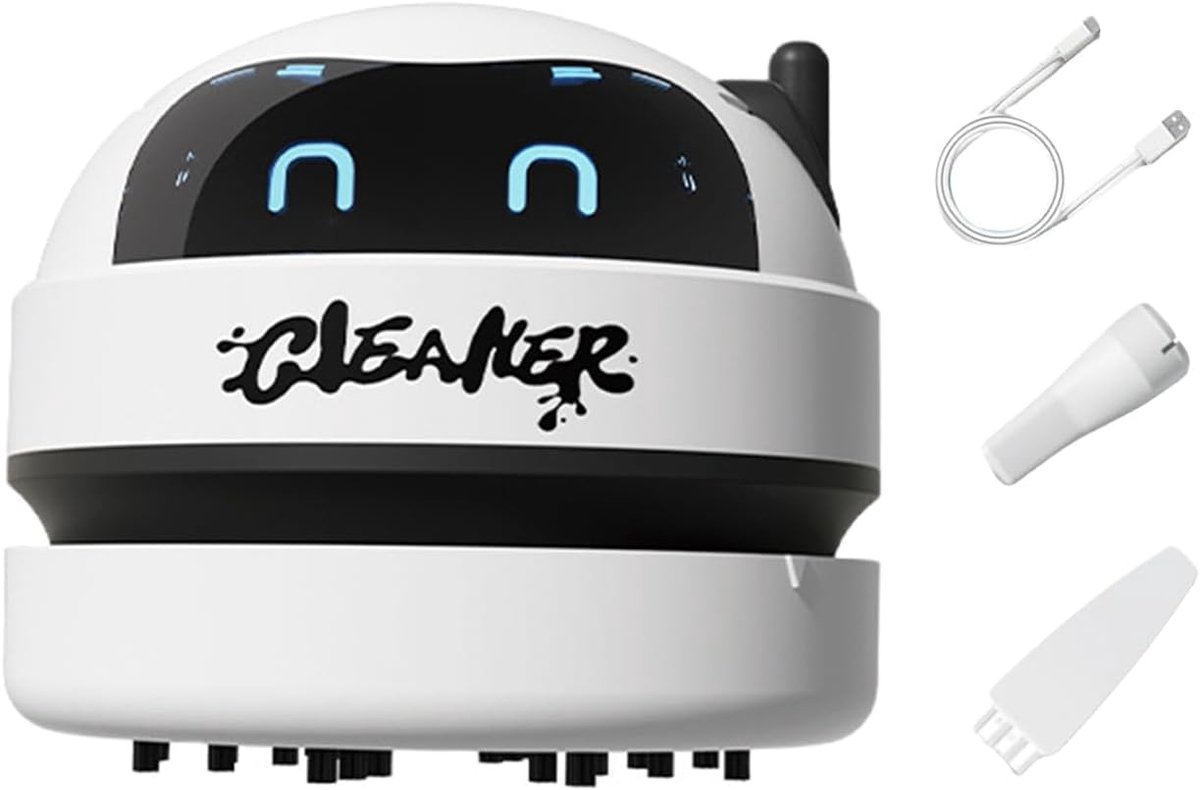 Draadloze mini-stofzuiger voor het bureau met robotdesign, oplaadbaar via USB, 3 snelheidsstanden, led-display en afneembaar mondstuk; geschikt voor thuis, kantoor, auto, toetsenbord en bureau – Wit