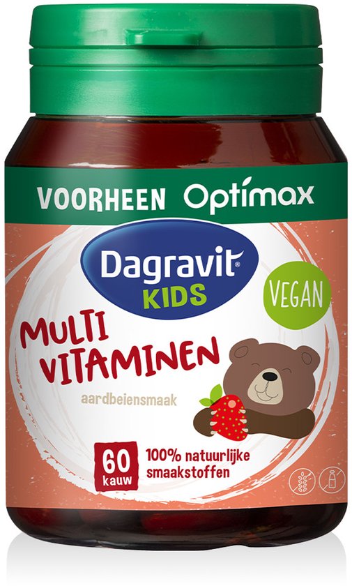 Flesje Dagravit Kids multivitaminen kauwtabletten met groene dop. Label: 'Multi Vitaminen', aardbeiensmaak, vegan, 60 kauwtabletten, 100% natuurlijke smaakstoffen. Bruine beer met aardbei.