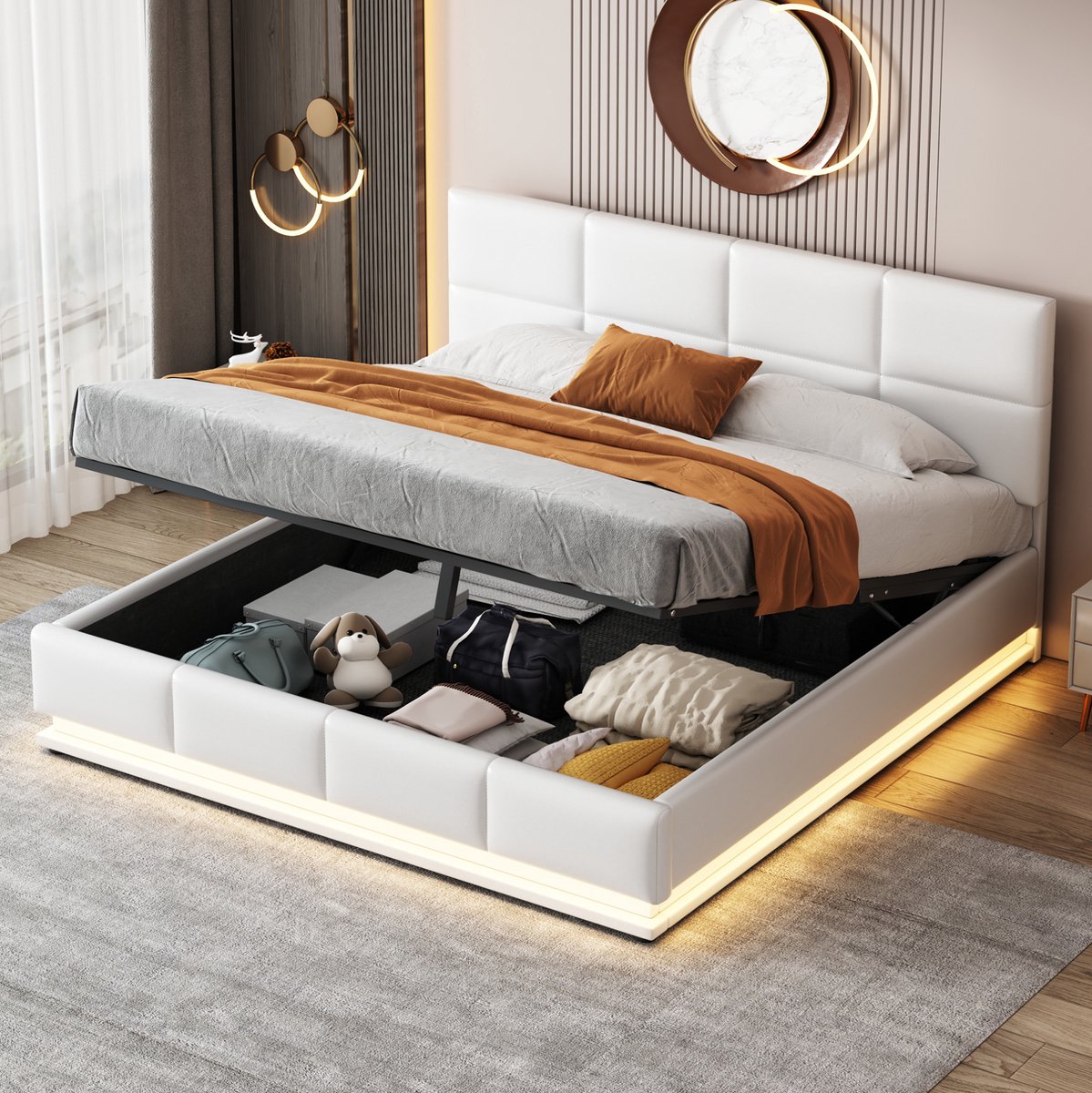 OKWISH Gestoffeerd Bed 160x200 cm - Met LED-Verlichting en Verstelbaar Hoofdbord - Hydraulische Opbergruimte - Tweepersoons - Kunstleer - Wit - Zonder Matras