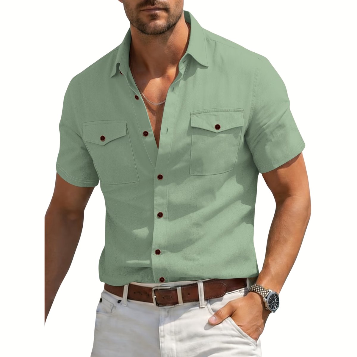 Currero Linnen Blouse Heren T Shirt Polo Overhemd Shirt Zomer Ibiza Stijl Groen