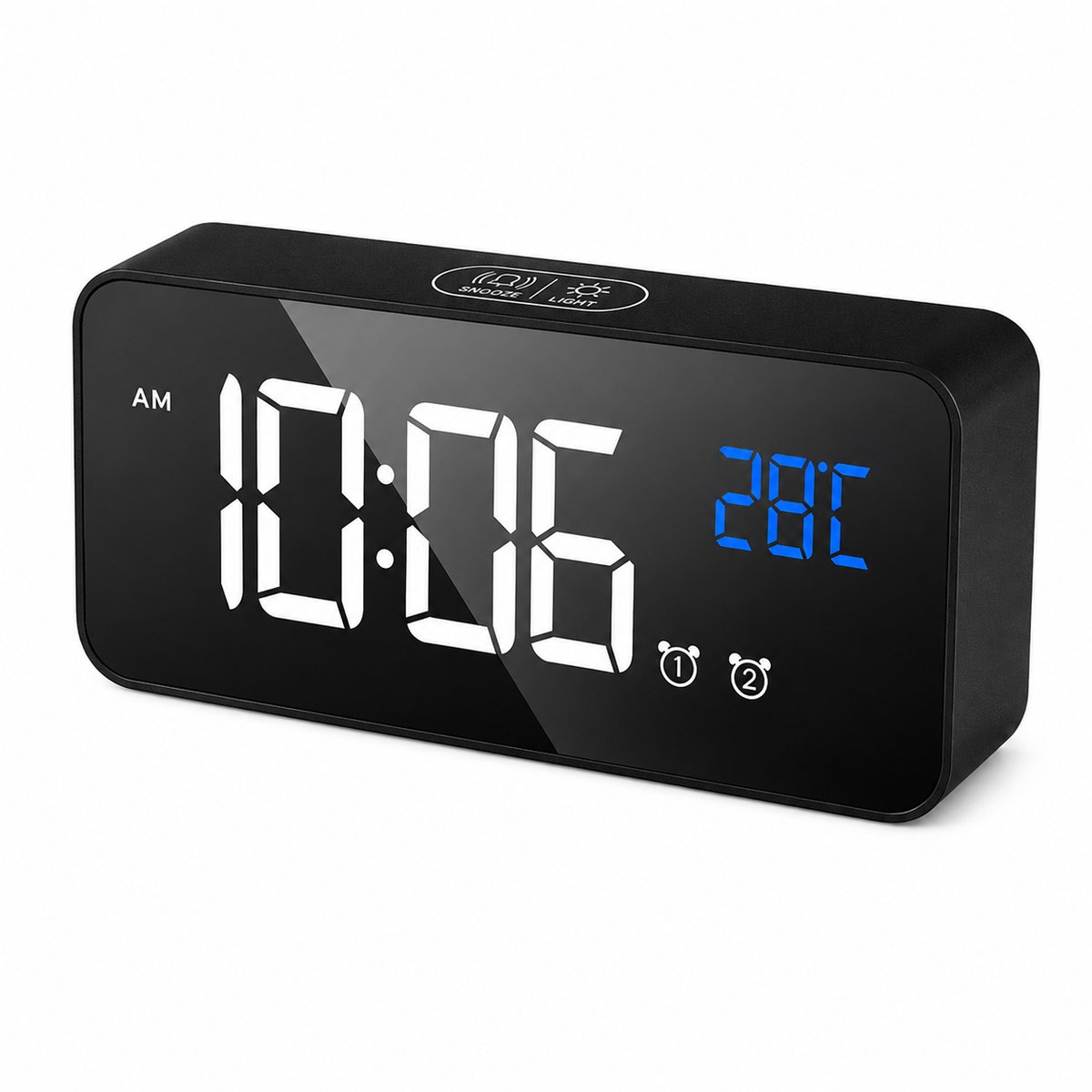 VHV - Digitale Wekker met Groot Spiegel LED Display - Dubbel Alarm, Snooze en 4 Helderheidsstanden - 10 Alarmgeluiden - Zwart