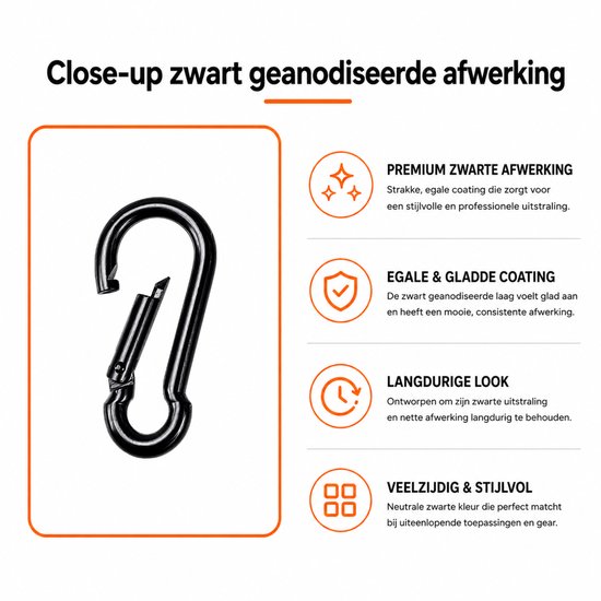 Close-up van een zwarte karabijnhaak met deuren open, met tekst over premium zwarte afwerking, egaliteit, gladde coating en veelzijdigheid.