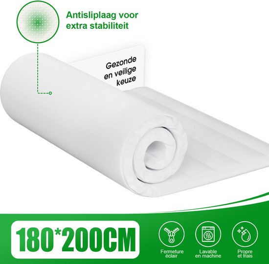 Surmatelas blanc, 180x200CM, avec une couche antidérapante pour plus de stabilité. Choix sain et sûr. Avec fermeture éclair, lavable en machine et frais.