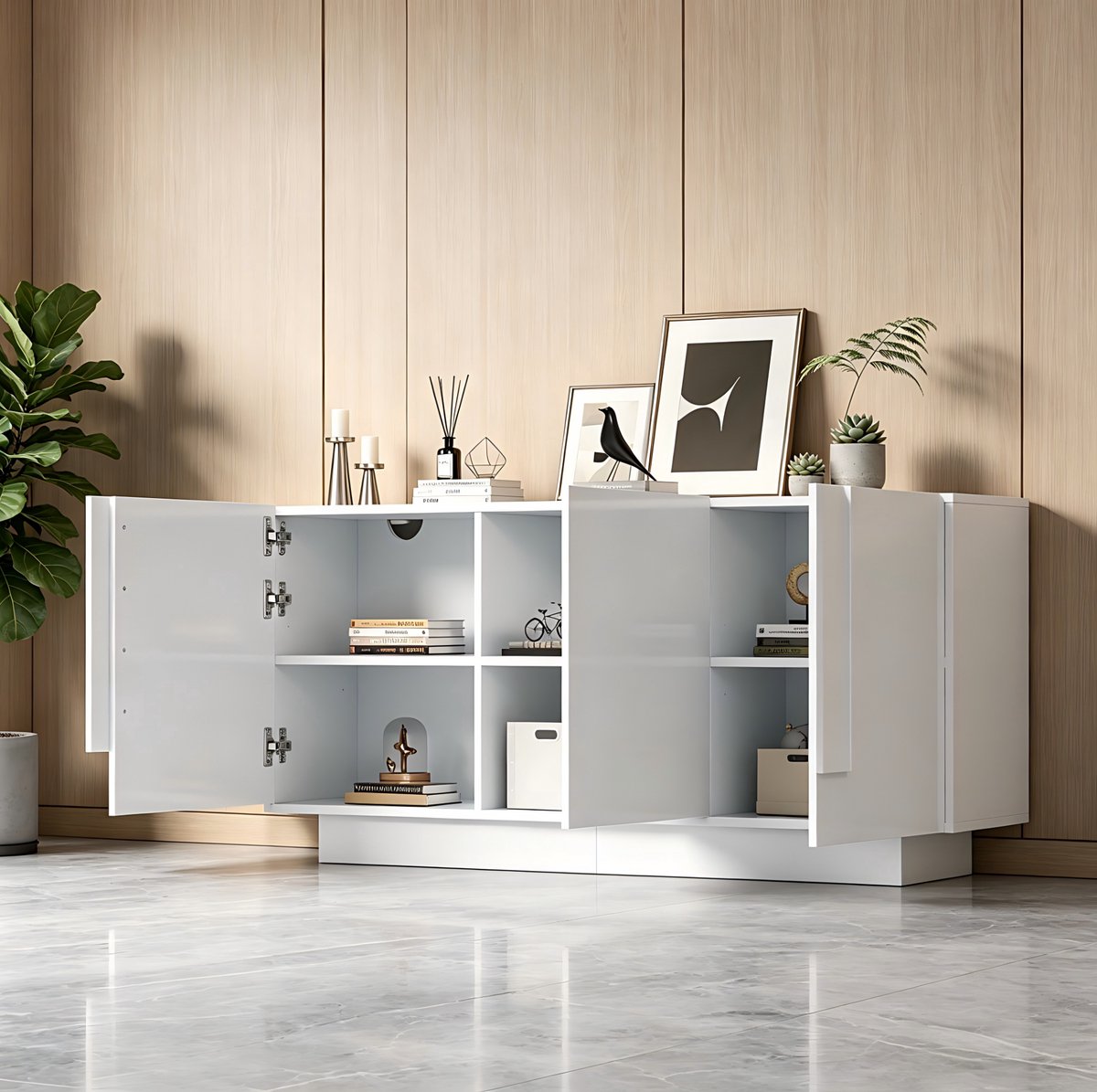 COVREO Dressoir 160 x 35 x 60 cm - 3 deuren, 6 opbergvakken, hoogglans, wit