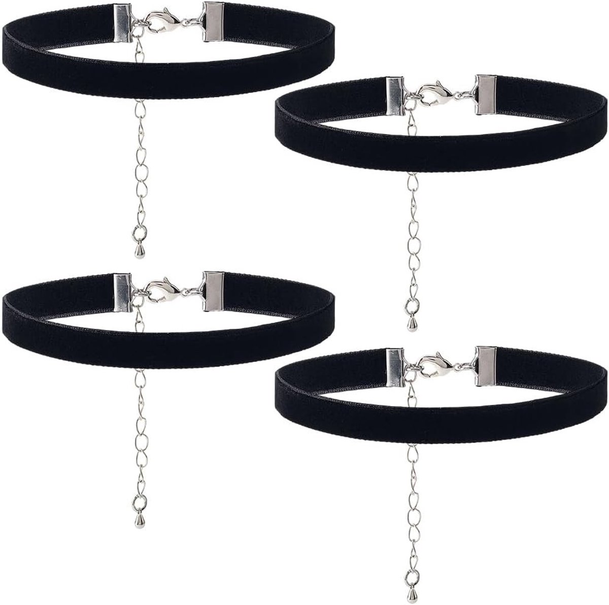 Set van 4 Zwarte Fluwelen Choker Halskettingen voor Vrouwen - Minimalistische Gothic Boho Stijl met Dikke en Dunne Riemen voor Halloween en Feestjes