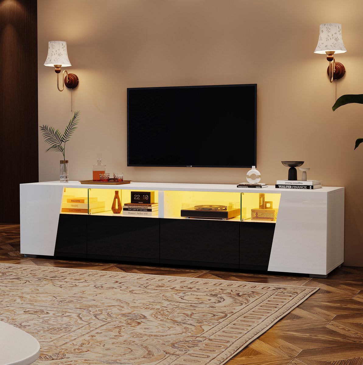COVREO tv-meubel 180 x 38,5 x 45 cm - LED-verlichting, 2 lades, 2 deuren, wit zwart