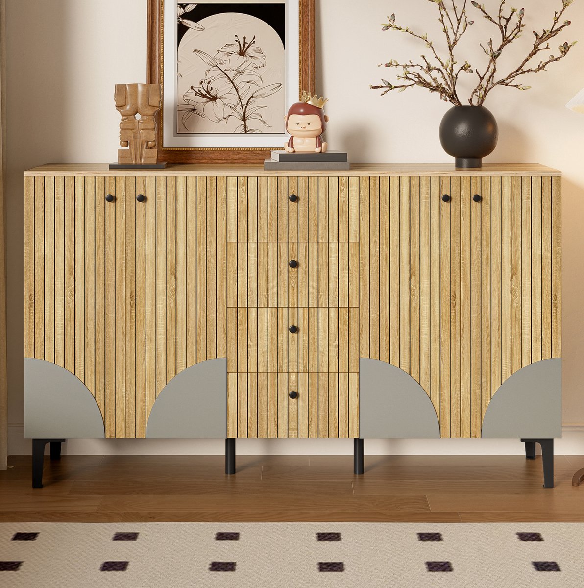 COVREO Dressoir 160x36x94 cm - 4 deuren, 4 lades, houtkleur, verticale houtnerf