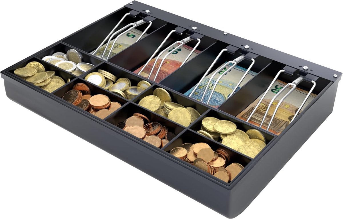 SnelShoppen - Cashdrawer 33 cm breed - Zwart - 4 muntcompartimenten en 8 biljetcompartimenten - Ideaal voor kassa's en winkelinrichting