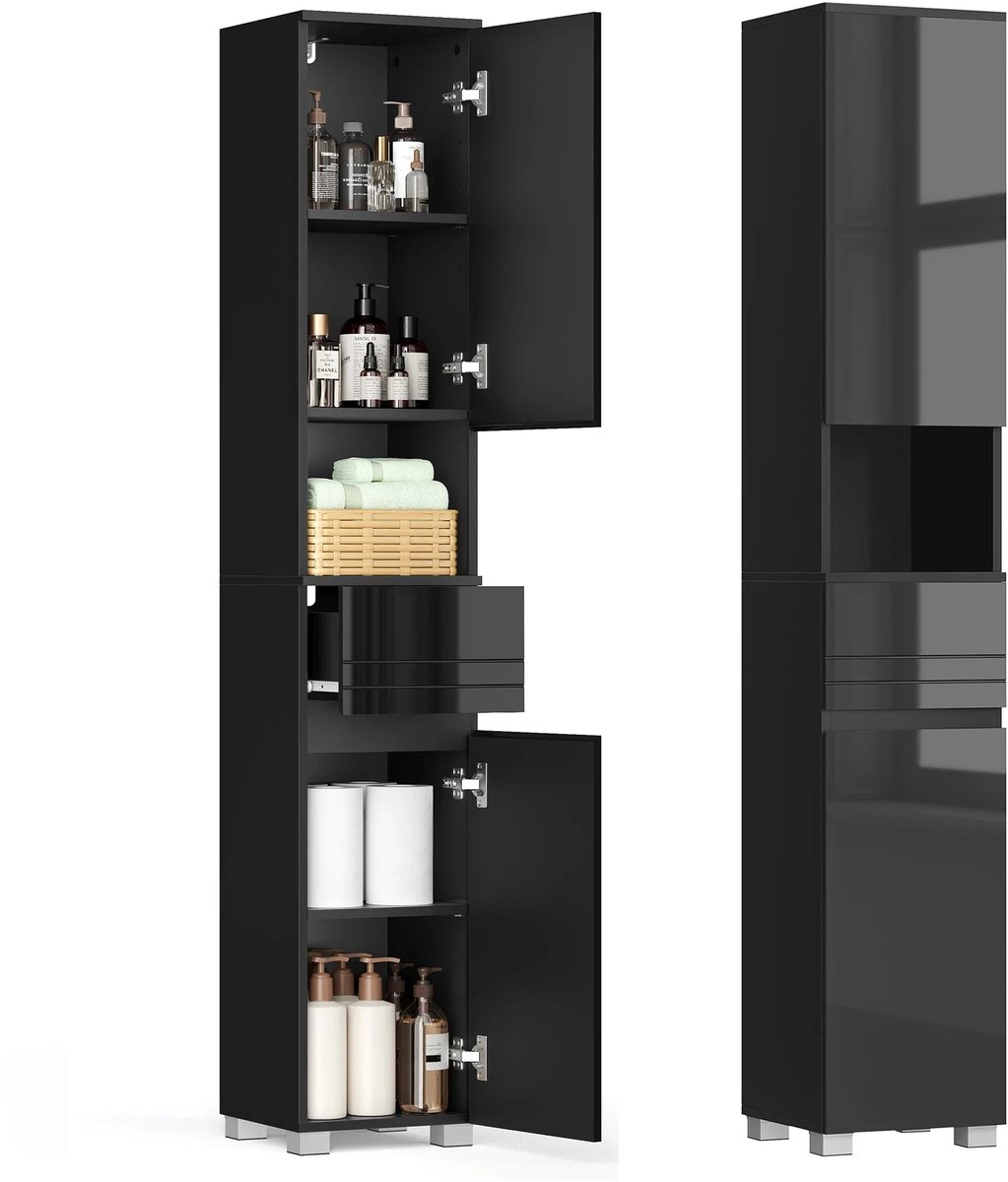 Home & Beyond® Hoge Smalle Badkamerkast met Lade en Open Vak - Greeploze Kolomkast - Zwart Hoogglans - 30 x 30 x 170 cm