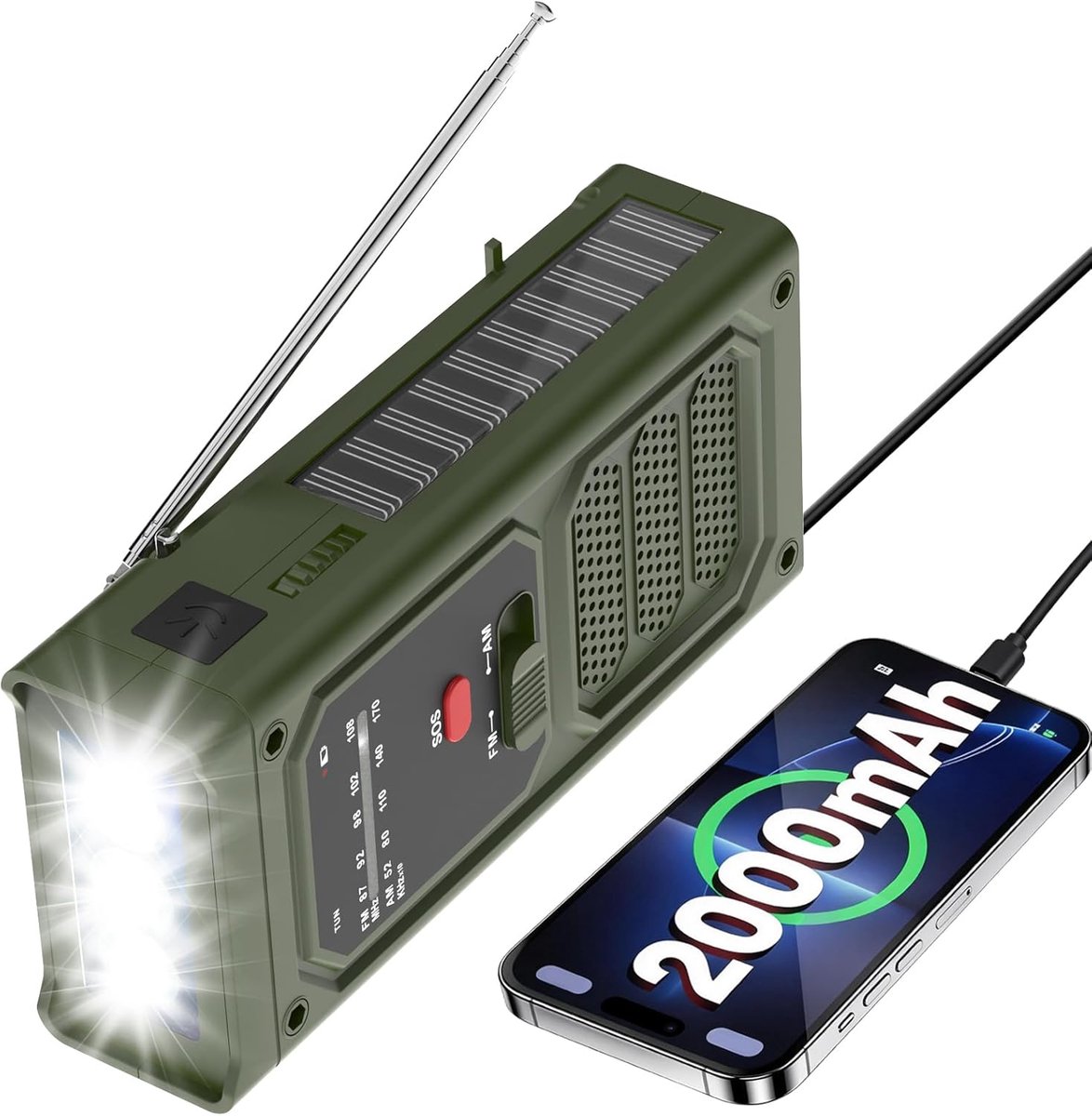 Thijox - Noodradio op Zonne-energie met Zwengel, 2000 mAh Accu, 3-Weg Opladen, AM/FM Ontvangst, LED-Zaklamp, SOS-Alarmsysteem, Donkergroen - Perfect v