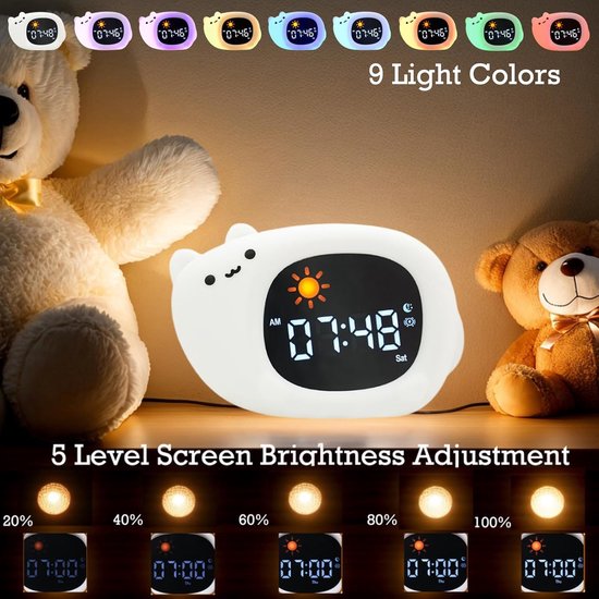 Alarm Clock Night Light with 8 Colors Light and 6 White Noises, Sleep Training Digital Clock, Adjustable Bright and Sound, Gifts for Kids - Cat — afbeelding 3