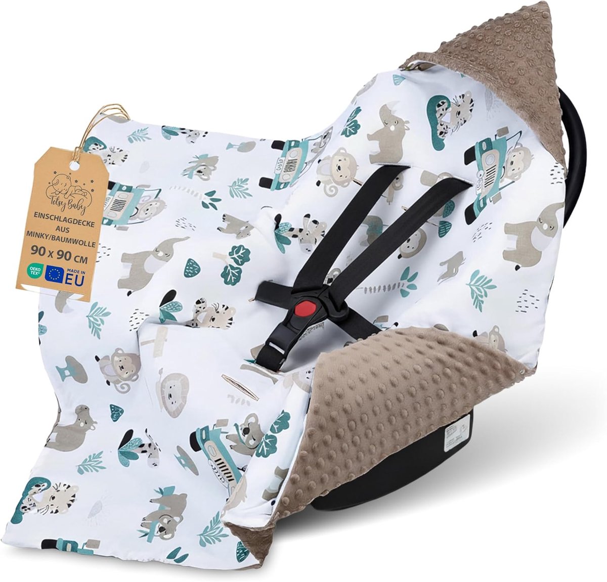SnelShoppen - Swaddle Blanket voor Autostoel en Kinderwagen - Zachte Minky Babydeken Dubbelzijdig met Capuchon voor Pasgeborenen - 90 x 90 cm Afrika B