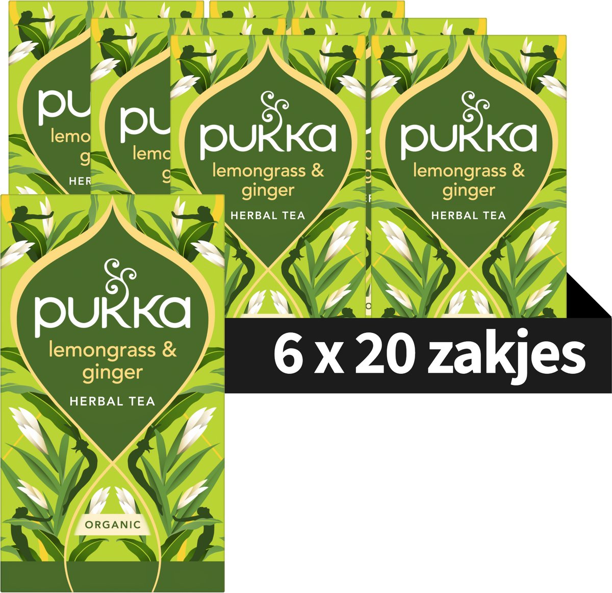 Pukka Tea Lemongrass & Ginger - 120 Theezakjes - Biologische Kruidenthee - Citroengras & Gember - 6 x 20 zakjes - Thee Voordeelverpakking