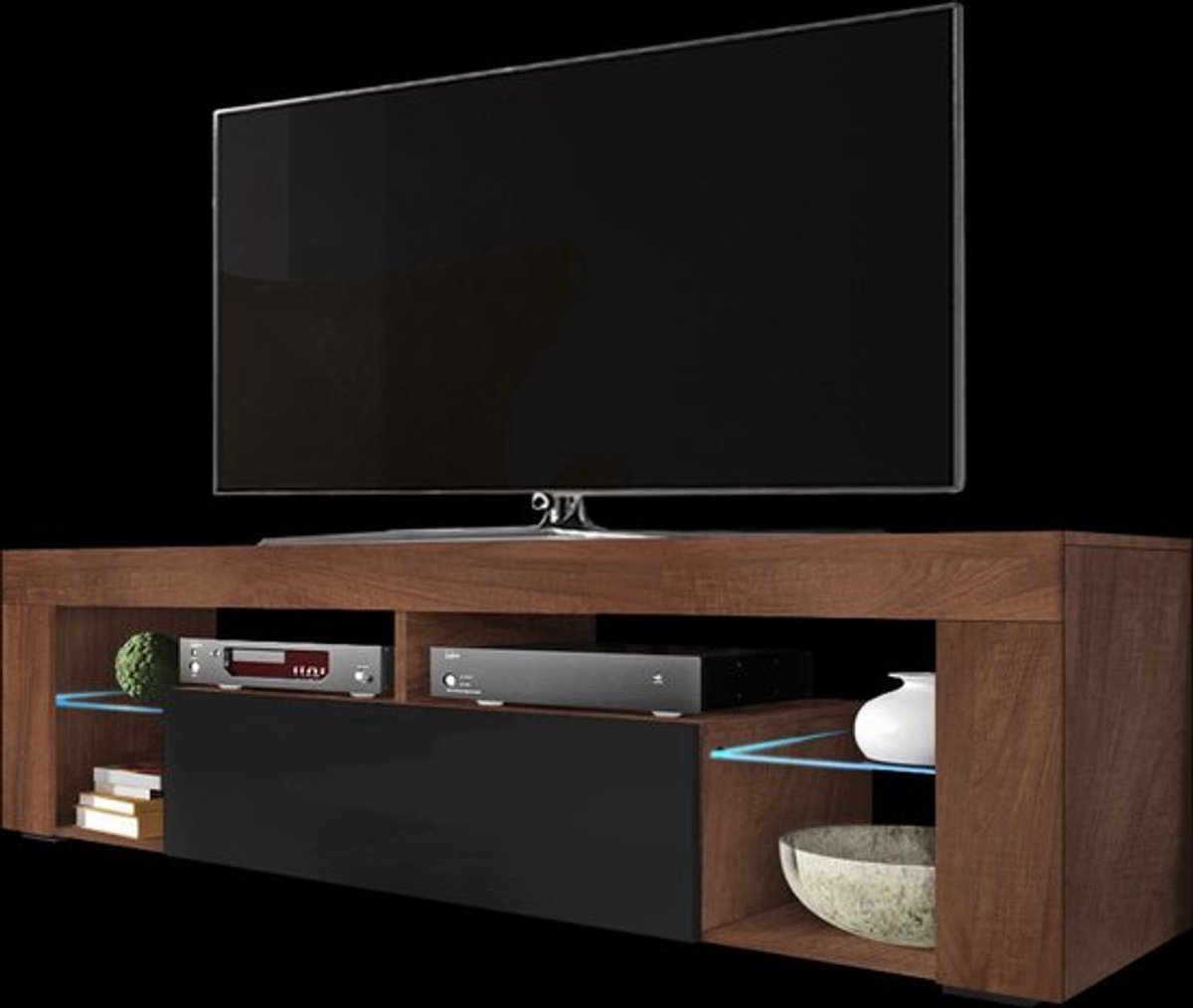 Selsey Bianko - TV-meubel - 140 cm - Mat notenhout / Zwart glans Bruin/Zwart