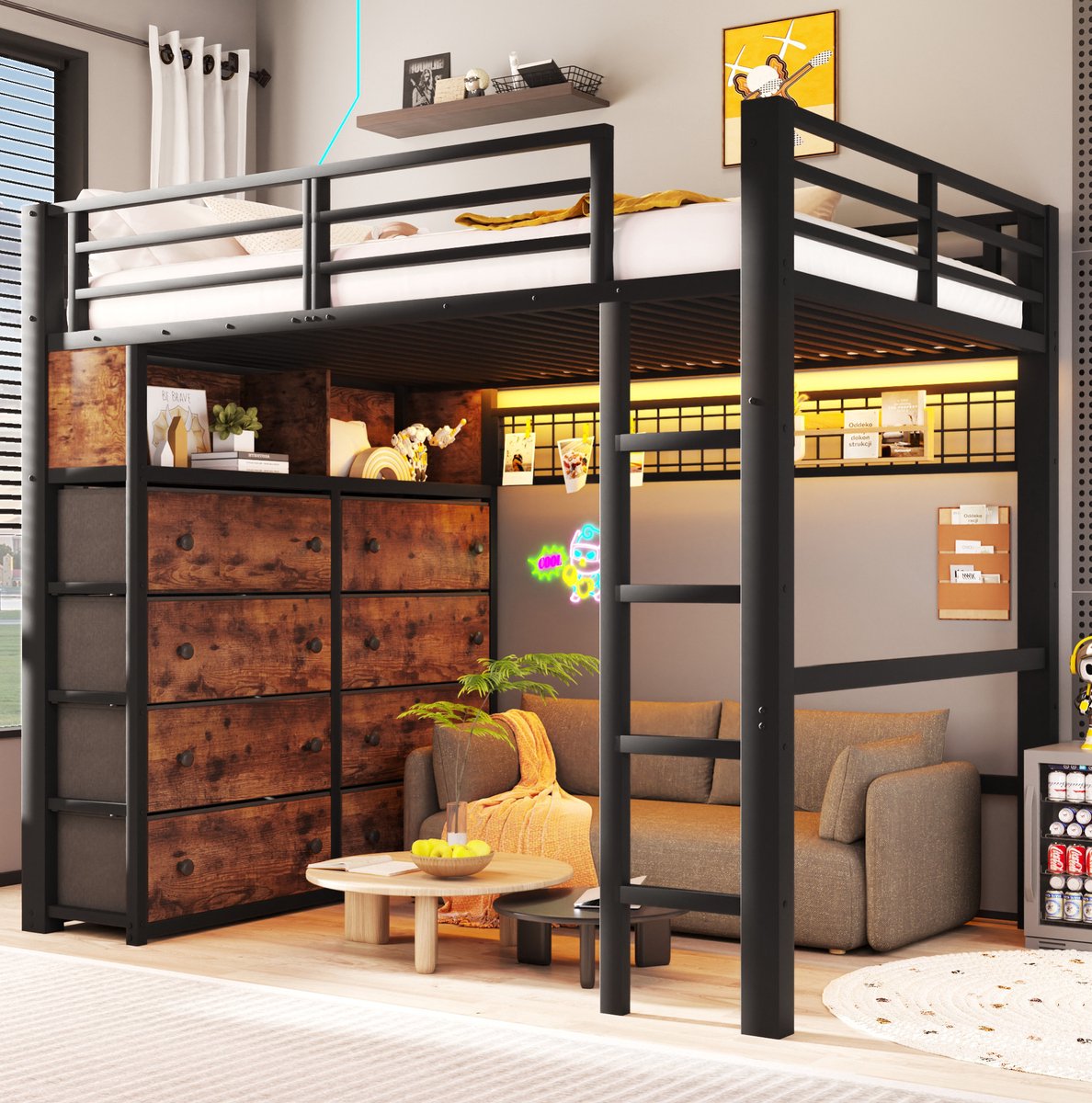 OKWISH Hoogslaper 140x200 cm - Met Ledverlichting En 8 Laden - Met Opbergruimte En Ladder - Kinderkamer - Metaal En MDF - Zwart - Zonder Matras