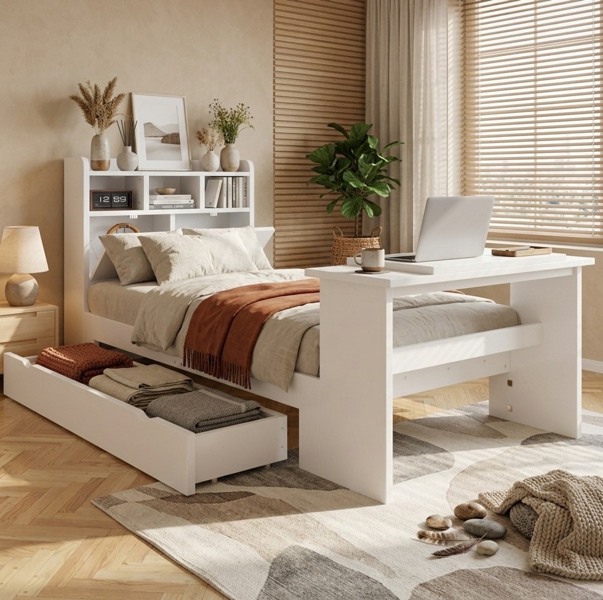 OKWISH Jeugdbed 90x200 cm - Met Opbergruimte en Verstelbare Klaptafel - Met Lade en Hoofdbordrek - Zonder Matras - Wit
