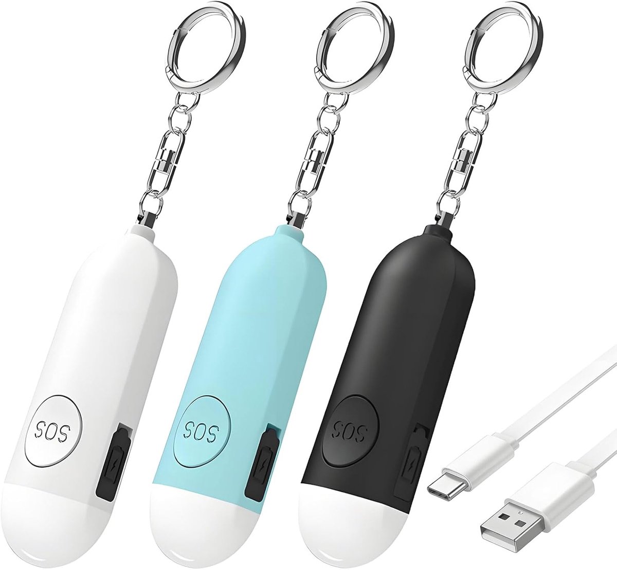Persoonlijk alarm - Persoonlijk veiligheidsalarm met stroboscooplicht - Zelfverdedigingsalarm - Alarm aan sleutelhanger - USB oplaadbaar - Met karabijnhaak - Geschikt voor vrouwen, schoolkinderen, nachtlopers - Set van 3