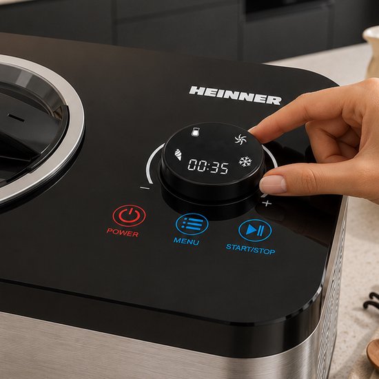 Heinner SweetFreeze IJsmachine - 120 W - 1,5 L - Ingebouwde Compressor - LED-display - Touchbediening & Draaiknop - IJs-, Yoghurt-, Meng- & Koelfunctie - Uitneembare IJskom - Zwart/RVS van Heinner — afbeelding 4